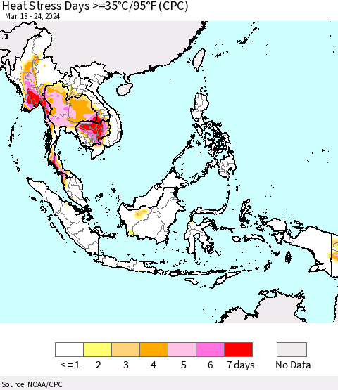 South East Asia Heat Stress Days >=35°C/95°F (CPC) Thematic Map For 3/18/2024 - 3/24/2024