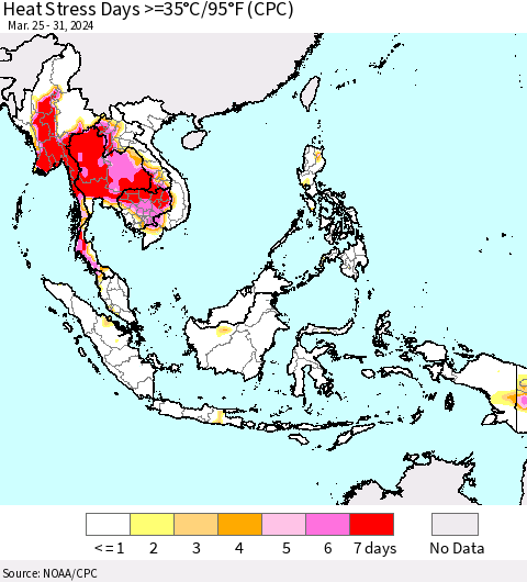 South East Asia Heat Stress Days >=35°C/95°F (CPC) Thematic Map For 3/25/2024 - 3/31/2024