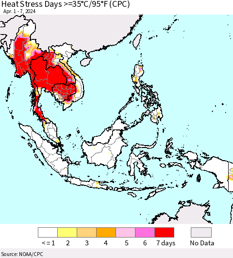 South East Asia Heat Stress Days >=35°C/95°F (CPC) Thematic Map For 4/1/2024 - 4/7/2024