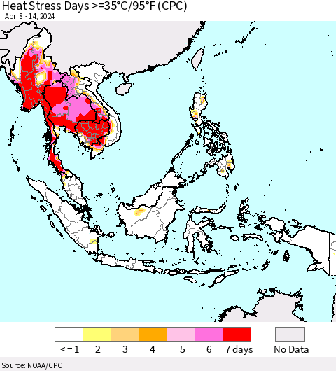 South East Asia Heat Stress Days >=35°C/95°F (CPC) Thematic Map For 4/8/2024 - 4/14/2024