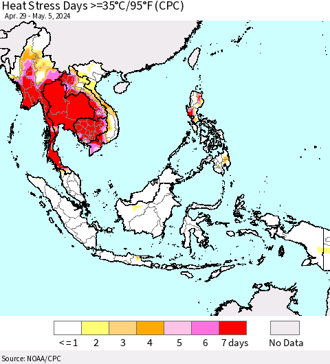South East Asia Heat Stress Days >=35°C/95°F (CPC) Thematic Map For 4/29/2024 - 5/5/2024