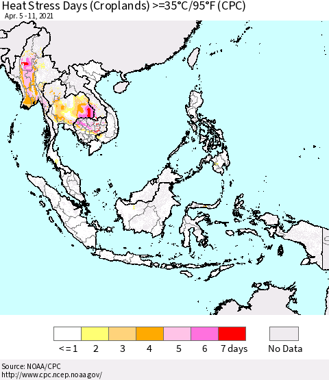 South East Asia Heat Stress Days (Croplands) >=35°C/95°F (CPC) Thematic Map For 4/5/2021 - 4/11/2021