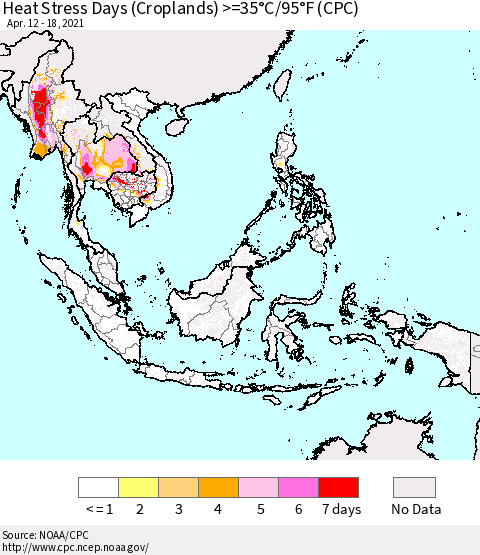 South East Asia Heat Stress Days (Croplands) >=35°C/95°F (CPC) Thematic Map For 4/12/2021 - 4/18/2021