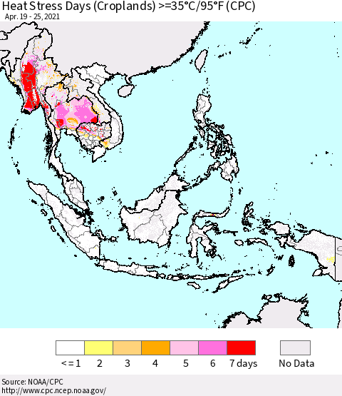 South East Asia Heat Stress Days (Croplands) >=35°C/95°F (CPC) Thematic Map For 4/19/2021 - 4/25/2021