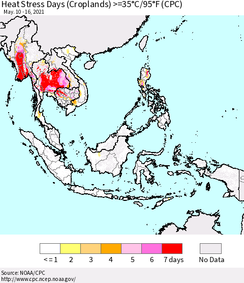 South East Asia Heat Stress Days (Croplands) >=35°C/95°F (CPC) Thematic Map For 5/10/2021 - 5/16/2021