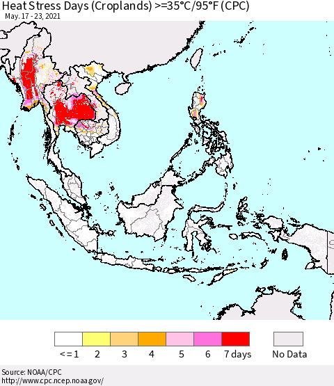 South East Asia Heat Stress Days (Croplands) >=35°C/95°F (CPC) Thematic Map For 5/17/2021 - 5/23/2021