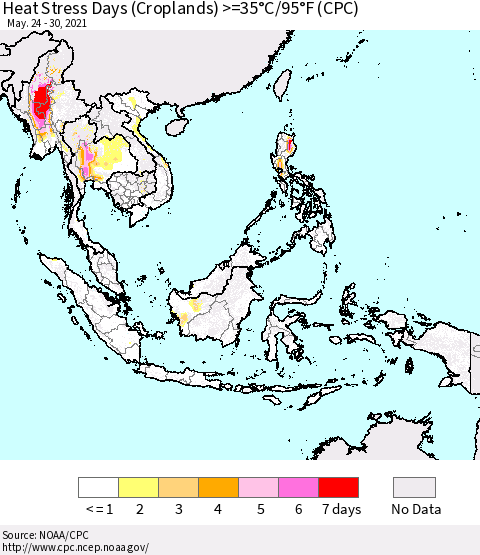 South East Asia Heat Stress Days (Croplands) >=35°C/95°F (CPC) Thematic Map For 5/24/2021 - 5/30/2021