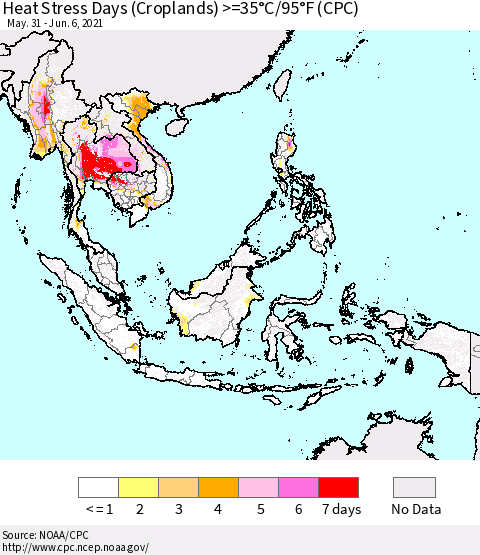South East Asia Heat Stress Days (Croplands) >=35°C/95°F (CPC) Thematic Map For 5/31/2021 - 6/6/2021