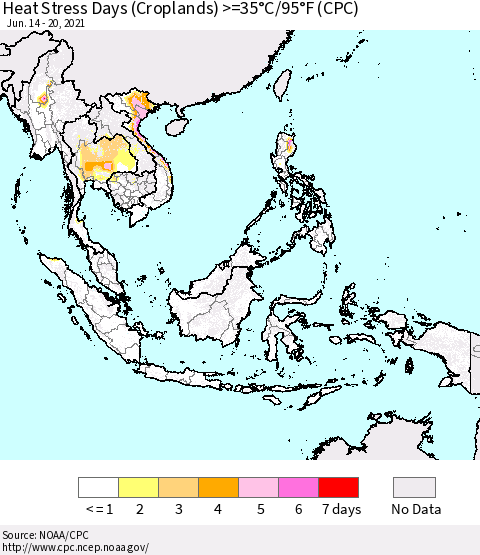 South East Asia Heat Stress Days (Croplands) >=35°C/95°F (CPC) Thematic Map For 6/14/2021 - 6/20/2021