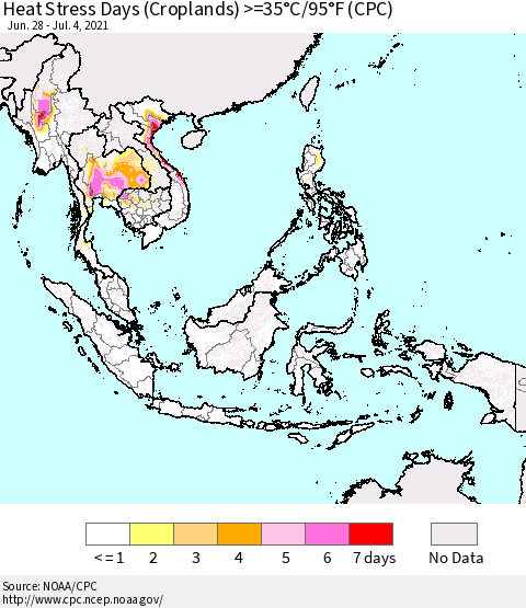 South East Asia Heat Stress Days (Croplands) >=35°C/95°F (CPC) Thematic Map For 6/28/2021 - 7/4/2021
