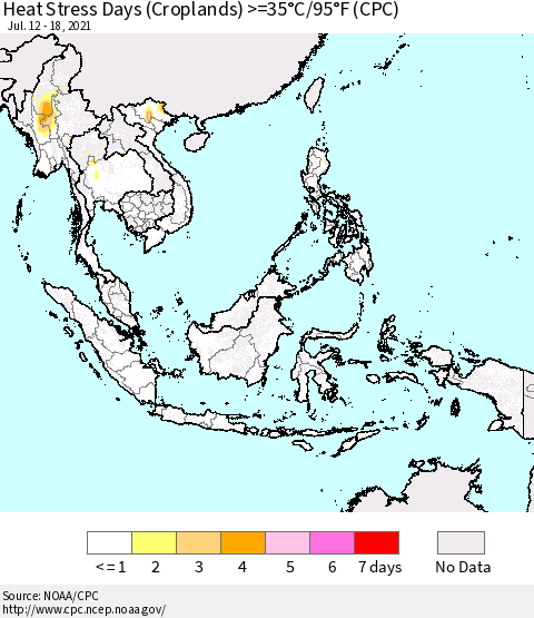 South East Asia Heat Stress Days (Croplands) >=35°C/95°F (CPC) Thematic Map For 7/12/2021 - 7/18/2021