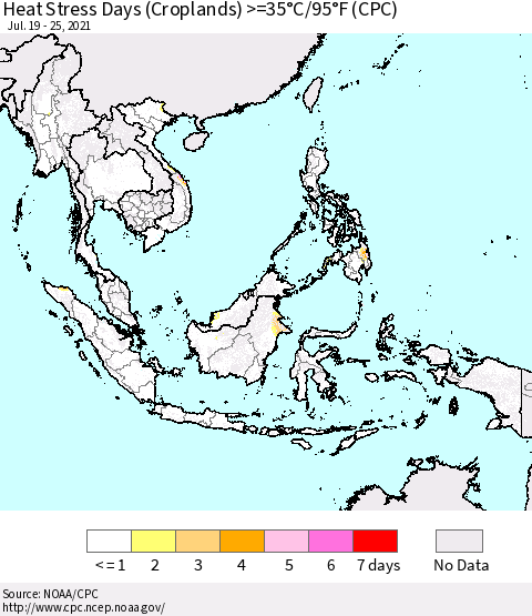South East Asia Heat Stress Days (Croplands) >=35°C/95°F (CPC) Thematic Map For 7/19/2021 - 7/25/2021