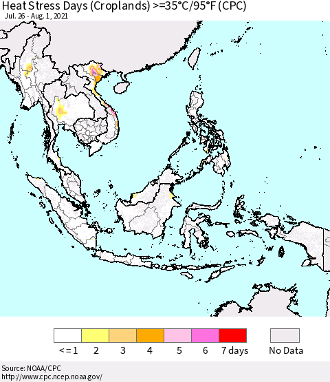 South East Asia Heat Stress Days (Croplands) >=35°C/95°F (CPC) Thematic Map For 7/26/2021 - 8/1/2021