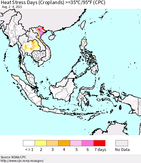 South East Asia Heat Stress Days (Croplands) >=35°C/95°F (CPC) Thematic Map For 8/2/2021 - 8/8/2021