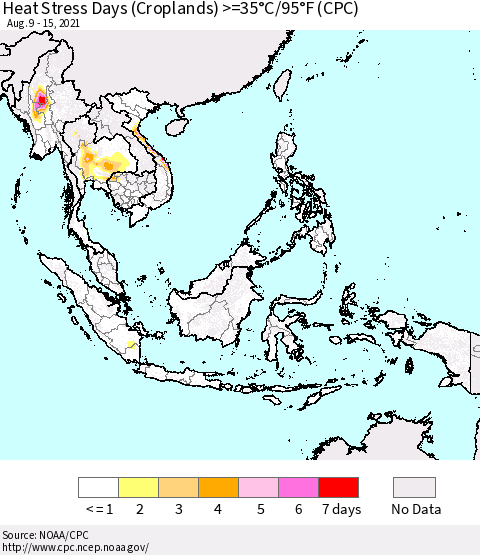 South East Asia Heat Stress Days (Croplands) >=35°C/95°F (CPC) Thematic Map For 8/9/2021 - 8/15/2021