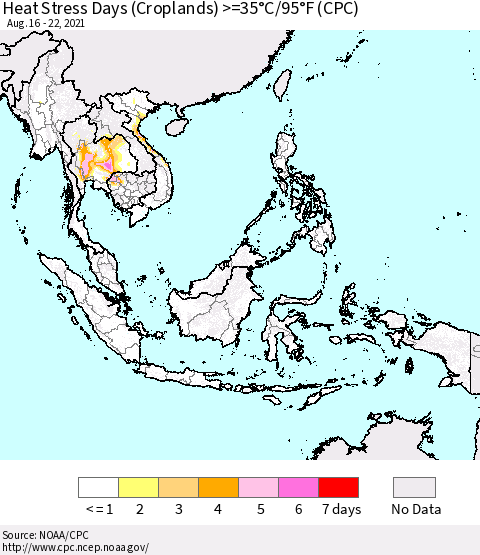 South East Asia Heat Stress Days (Croplands) >=35°C/95°F (CPC) Thematic Map For 8/16/2021 - 8/22/2021