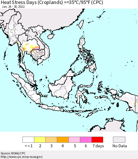 South East Asia Heat Stress Days (Croplands) >=35°C/95°F (CPC) Thematic Map For 1/24/2022 - 1/30/2022