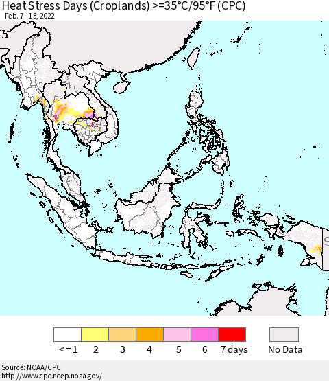 South East Asia Heat Stress Days (Croplands) >=35°C/95°F (CPC) Thematic Map For 2/7/2022 - 2/13/2022