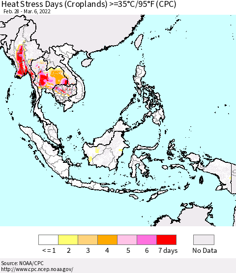 South East Asia Heat Stress Days (Croplands) >=35°C/95°F (CPC) Thematic Map For 2/28/2022 - 3/6/2022