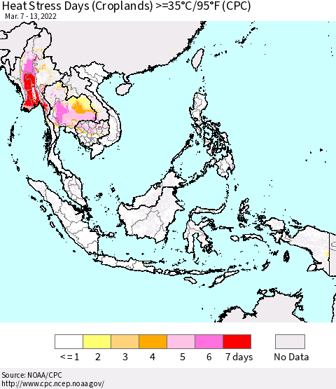 South East Asia Heat Stress Days (Croplands) >=35°C/95°F (CPC) Thematic Map For 3/7/2022 - 3/13/2022