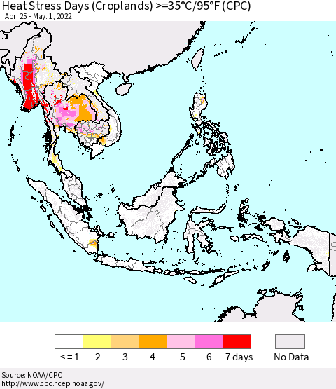 South East Asia Heat Stress Days (Croplands) >=35°C/95°F (CPC) Thematic Map For 4/25/2022 - 5/1/2022