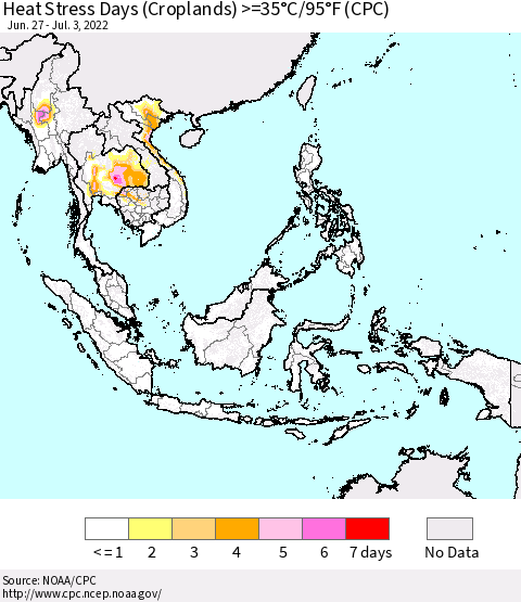 South East Asia Heat Stress Days (Croplands) >=35°C/95°F (CPC) Thematic Map For 6/27/2022 - 7/3/2022