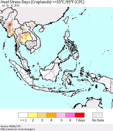 South East Asia Heat Stress Days (Croplands) >=35°C/95°F (CPC) Thematic Map For 7/25/2022 - 7/31/2022