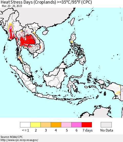 South East Asia Heat Stress Days (Croplands) >=35°C/95°F (CPC) Thematic Map For 3/20/2023 - 3/26/2023