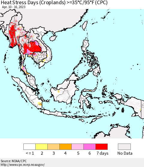 South East Asia Heat Stress Days (Croplands) >=35°C/95°F (CPC) Thematic Map For 4/10/2023 - 4/16/2023