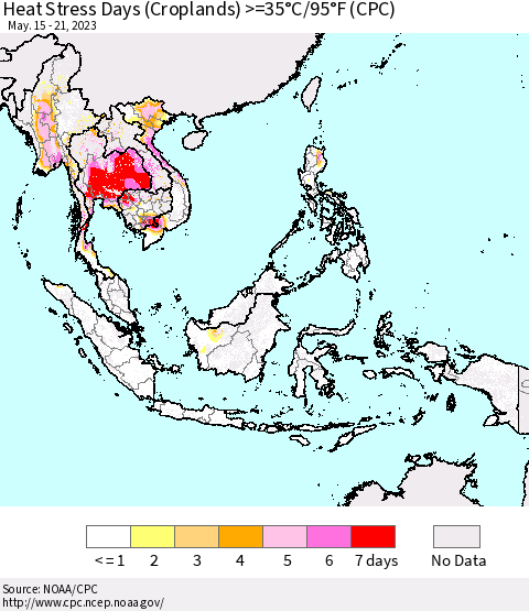 South East Asia Heat Stress Days (Croplands) >=35°C/95°F (CPC) Thematic Map For 5/15/2023 - 5/21/2023