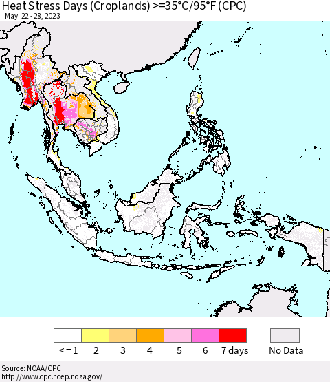 South East Asia Heat Stress Days (Croplands) >=35°C/95°F (CPC) Thematic Map For 5/22/2023 - 5/28/2023