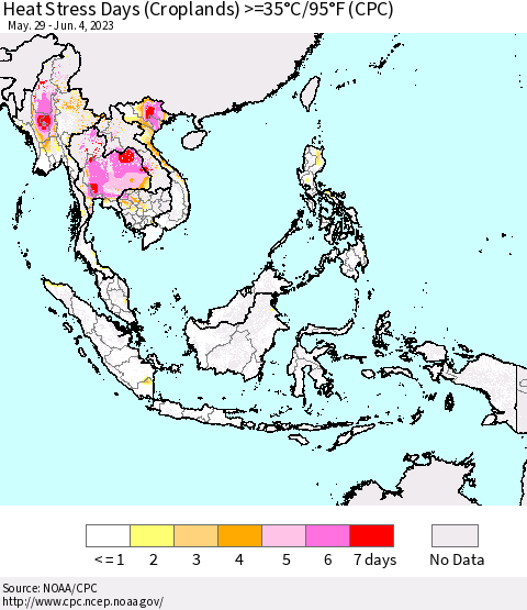 South East Asia Heat Stress Days (Croplands) >=35°C/95°F (CPC) Thematic Map For 5/29/2023 - 6/4/2023
