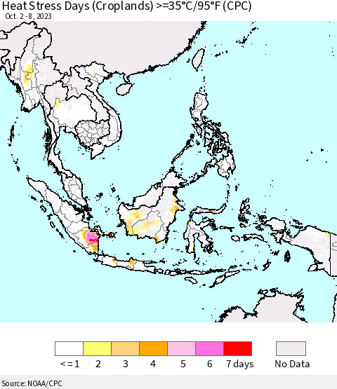 South East Asia Heat Stress Days (Croplands) >=35°C/95°F (CPC) Thematic Map For 10/2/2023 - 10/8/2023