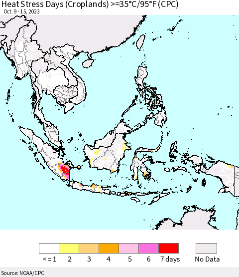 South East Asia Heat Stress Days (Croplands) >=35°C/95°F (CPC) Thematic Map For 10/9/2023 - 10/15/2023
