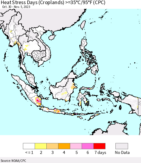 South East Asia Heat Stress Days (Croplands) >=35°C/95°F (CPC) Thematic Map For 10/30/2023 - 11/5/2023