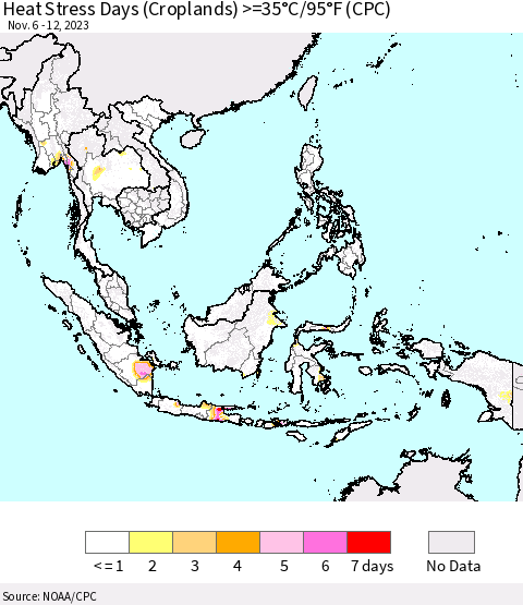 South East Asia Heat Stress Days (Croplands) >=35°C/95°F (CPC) Thematic Map For 11/6/2023 - 11/12/2023