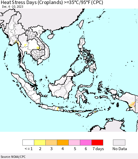 South East Asia Heat Stress Days (Croplands) >=35°C/95°F (CPC) Thematic Map For 12/4/2023 - 12/10/2023