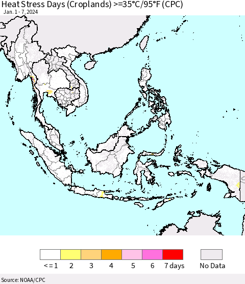 South East Asia Heat Stress Days (Croplands) >=35°C/95°F (CPC) Thematic Map For 1/1/2024 - 1/7/2024