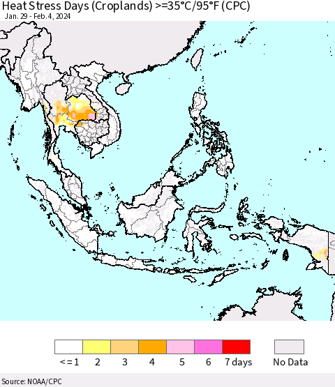 South East Asia Heat Stress Days (Croplands) >=35°C/95°F (CPC) Thematic Map For 1/29/2024 - 2/4/2024