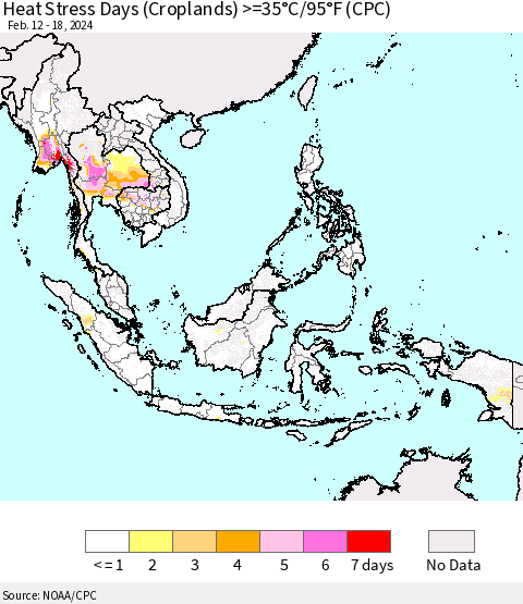 South East Asia Heat Stress Days (Croplands) >=35°C/95°F (CPC) Thematic Map For 2/12/2024 - 2/18/2024
