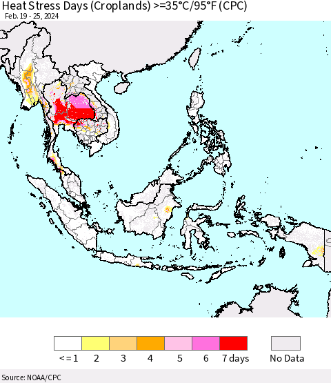 South East Asia Heat Stress Days (Croplands) >=35°C/95°F (CPC) Thematic Map For 2/19/2024 - 2/25/2024