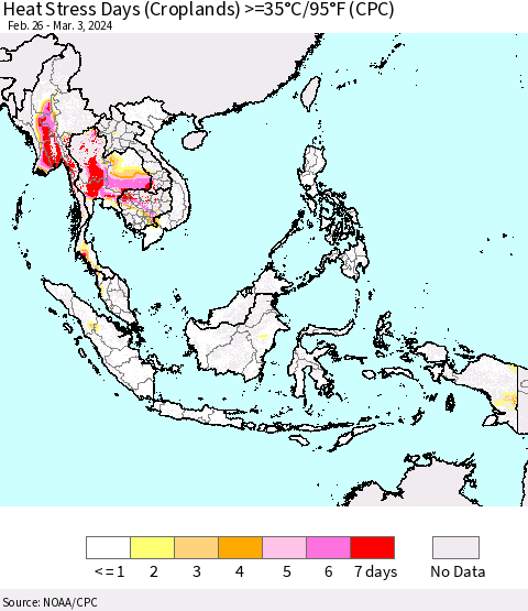 South East Asia Heat Stress Days (Croplands) >=35°C/95°F (CPC) Thematic Map For 2/26/2024 - 3/3/2024