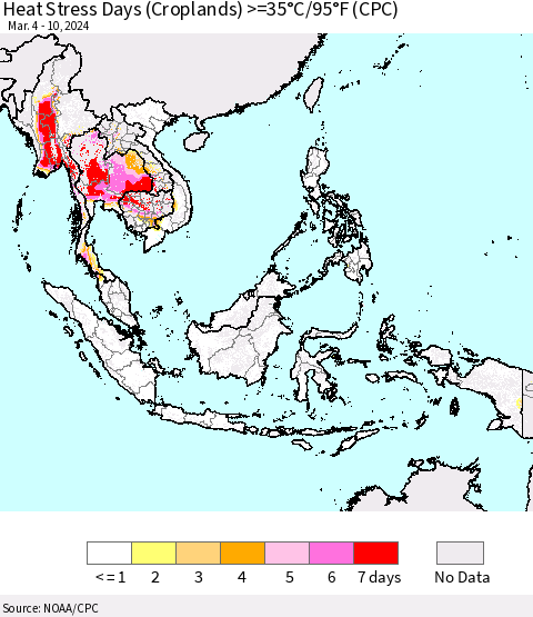 South East Asia Heat Stress Days (Croplands) >=35°C/95°F (CPC) Thematic Map For 3/4/2024 - 3/10/2024