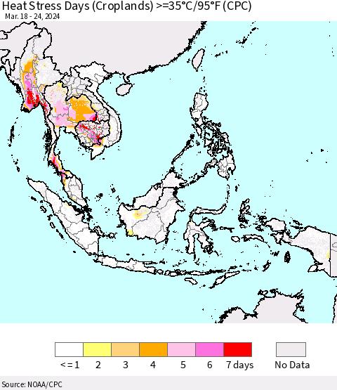 South East Asia Heat Stress Days (Croplands) >=35°C/95°F (CPC) Thematic Map For 3/18/2024 - 3/24/2024