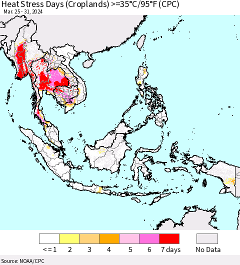South East Asia Heat Stress Days (Croplands) >=35°C/95°F (CPC) Thematic Map For 3/25/2024 - 3/31/2024