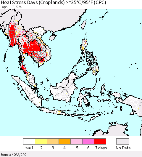 South East Asia Heat Stress Days (Croplands) >=35°C/95°F (CPC) Thematic Map For 4/1/2024 - 4/7/2024