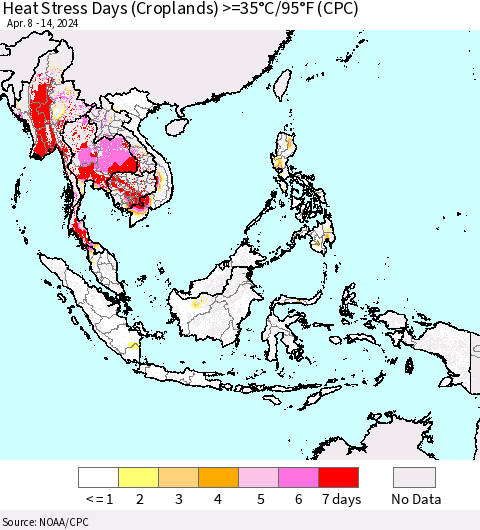 South East Asia Heat Stress Days (Croplands) >=35°C/95°F (CPC) Thematic Map For 4/8/2024 - 4/14/2024