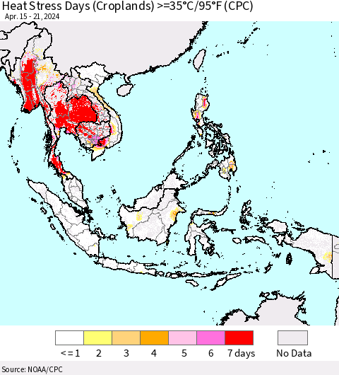 South East Asia Heat Stress Days (Croplands) >=35°C/95°F (CPC) Thematic Map For 4/15/2024 - 4/21/2024