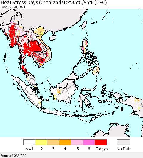South East Asia Heat Stress Days (Croplands) >=35°C/95°F (CPC) Thematic Map For 4/22/2024 - 4/28/2024
