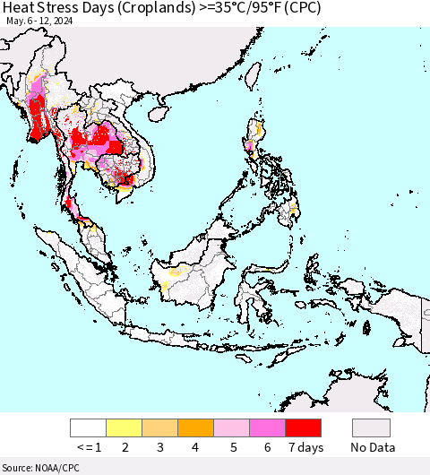 South East Asia Heat Stress Days (Croplands) >=35°C/95°F (CPC) Thematic Map For 5/6/2024 - 5/12/2024